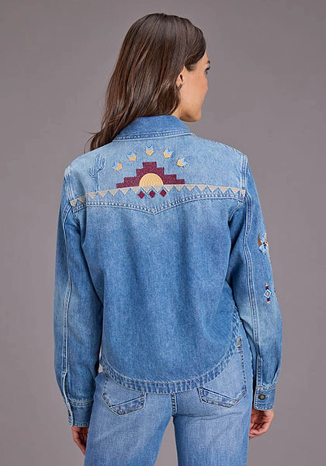 Stetson Womens Embroidered Crop Denim Medium Blue Cotton Blend L/S Blouse City Exploration Abrasion Resistant Edges