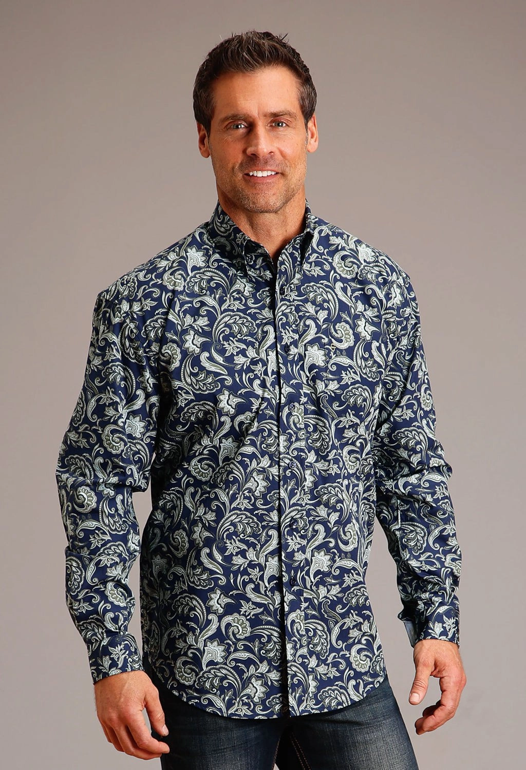 Trendy Pattern Coffee Run Stetson Mens Detailed Pailey Blue 100% Cotton L/S Shirt