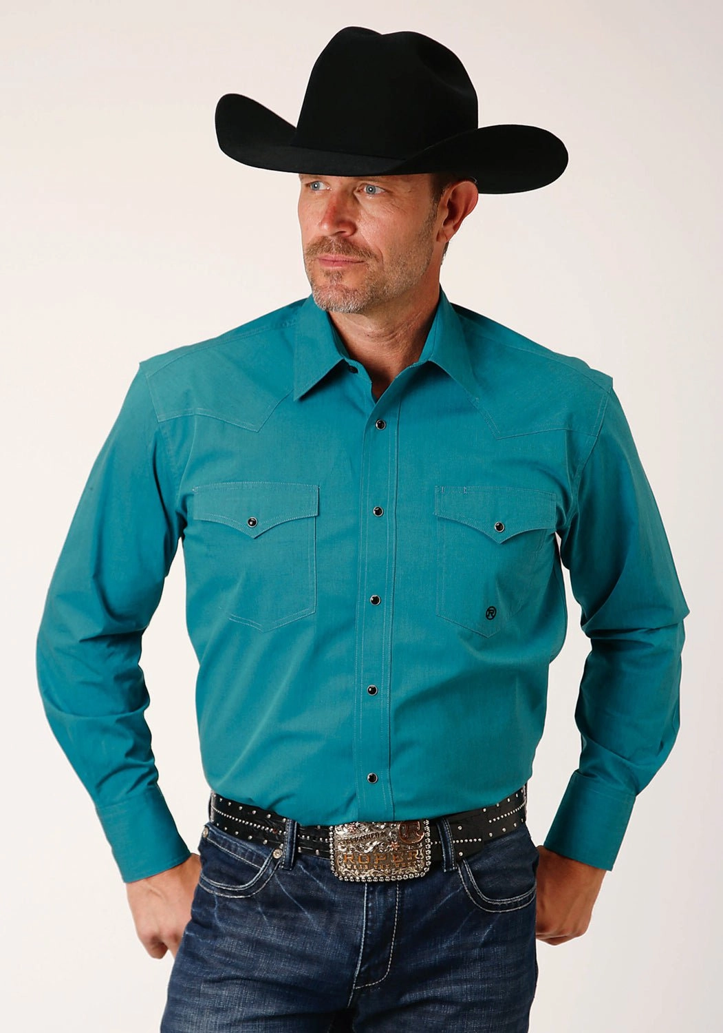 Urban Edge Roper Mens Black Fill Snap Teal 100% Cotton L/S Shirt