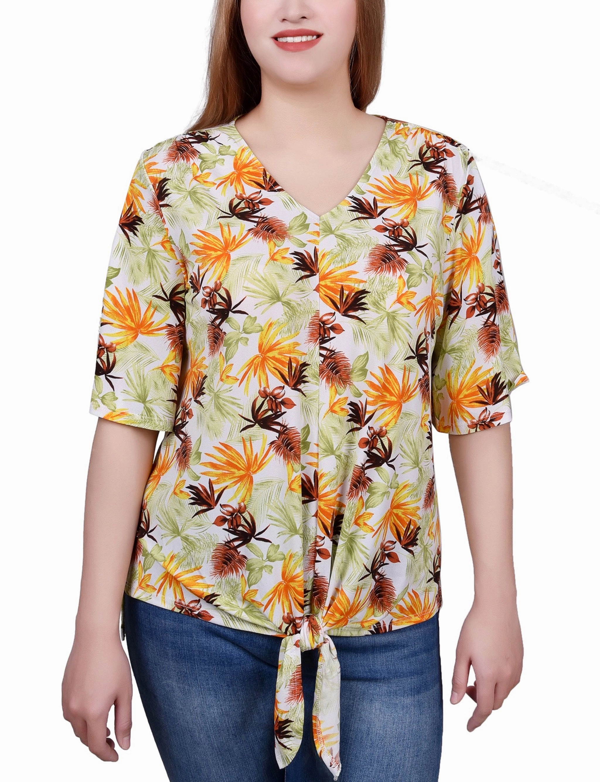 WaterResistant Elbow Sleeve Tie-Front Top