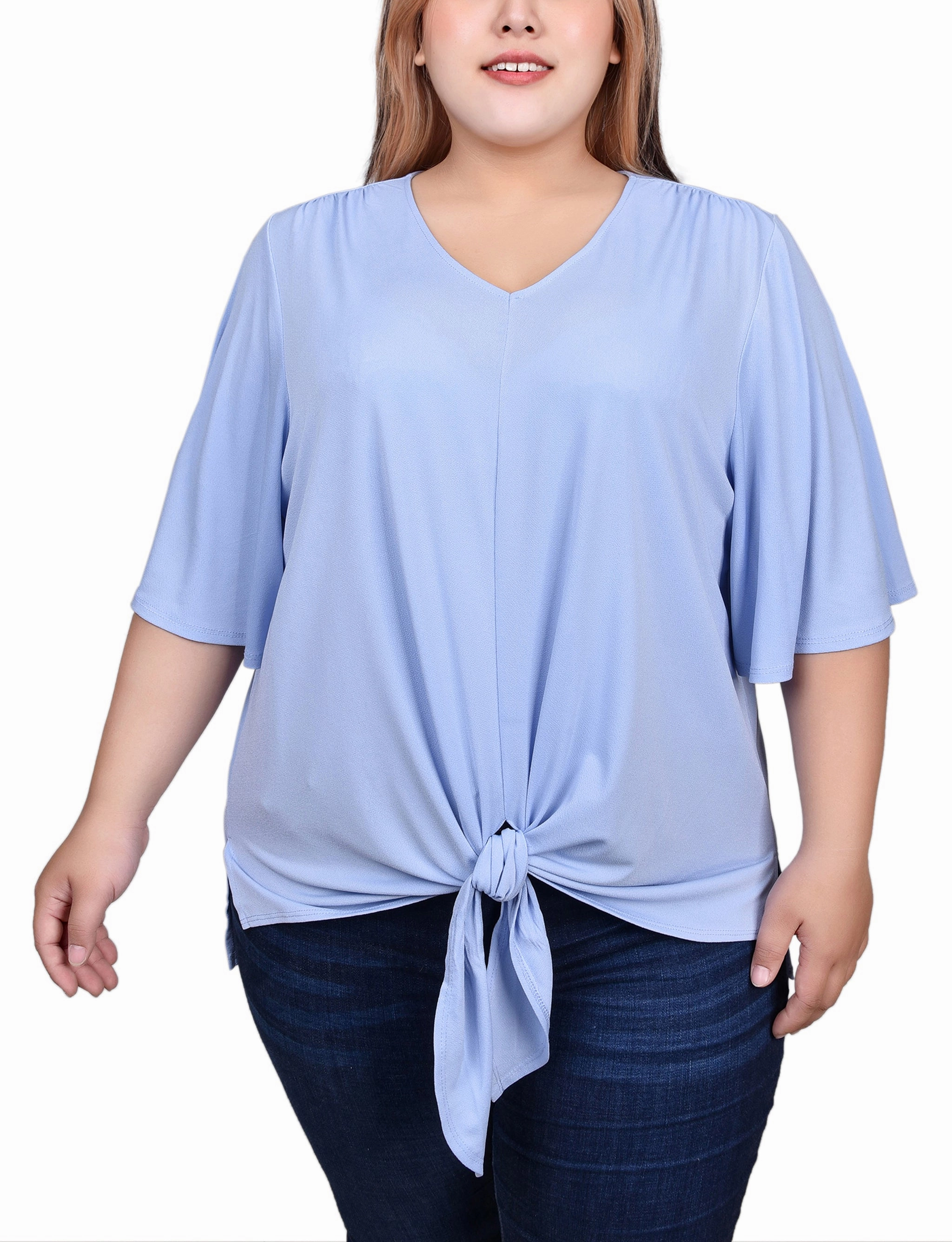 RibbedTexture Plus Size Elbow Sleeve Tie-Front Top