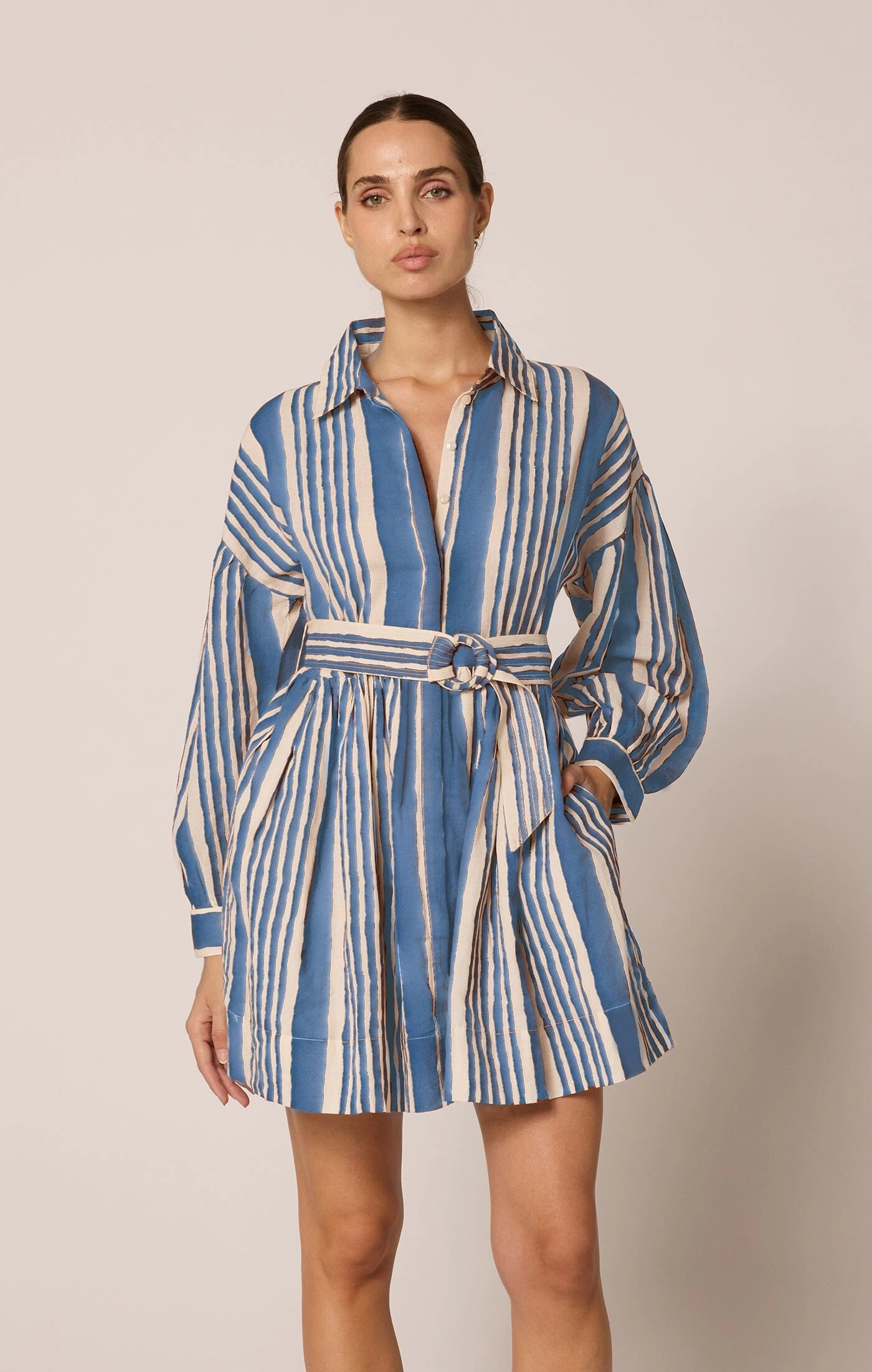 Tiana Mini Dress | Vecchio Stripe Blue Flattering Fit Photo Light