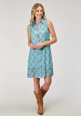 Roper Womens 1978 Ikat Chevron Blue 100% Polyester S/L Dress Neutral Mood Applique-Detail