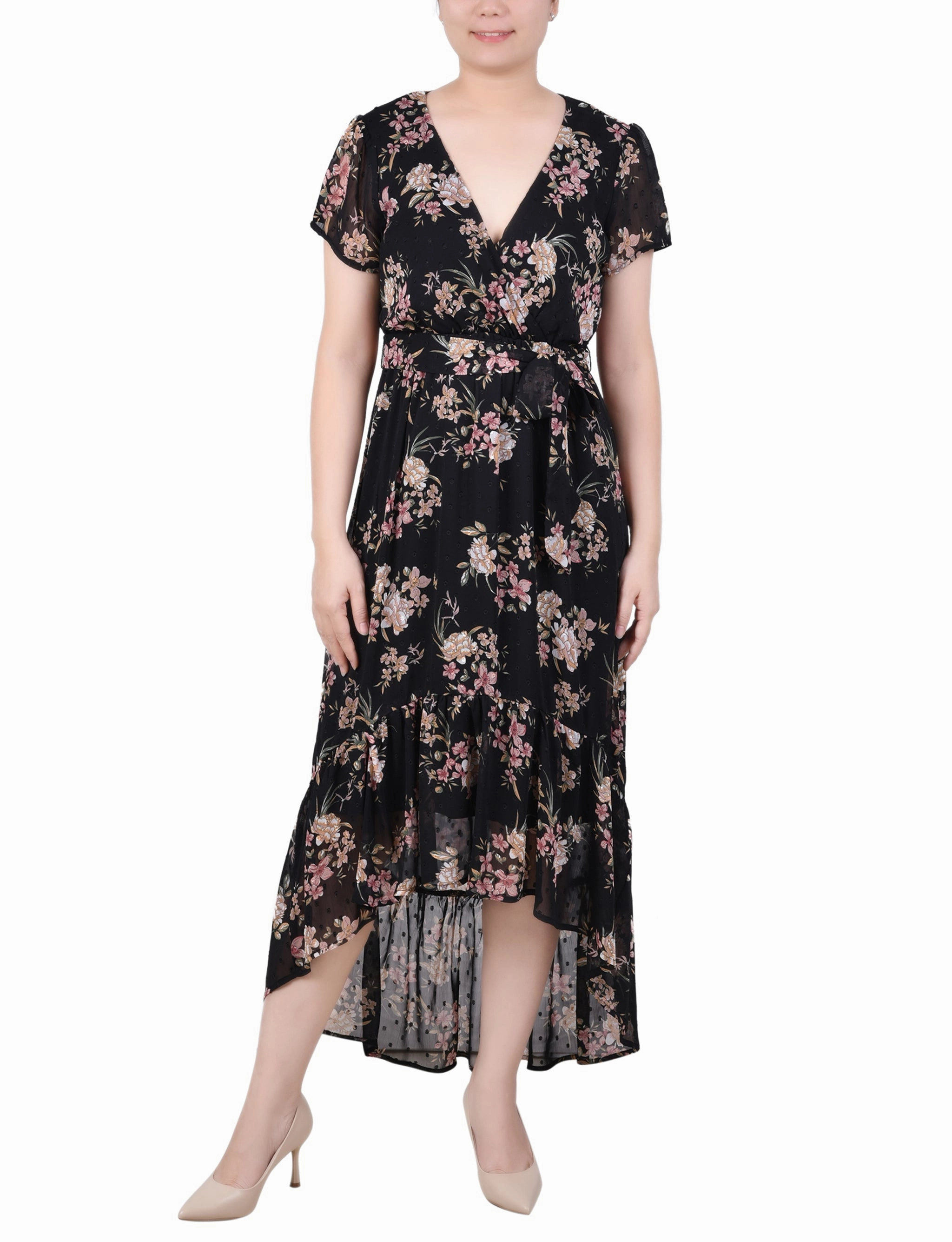 Classic and Chic Petite Short Sleeve Hankerchief Hem Chiffon Dress