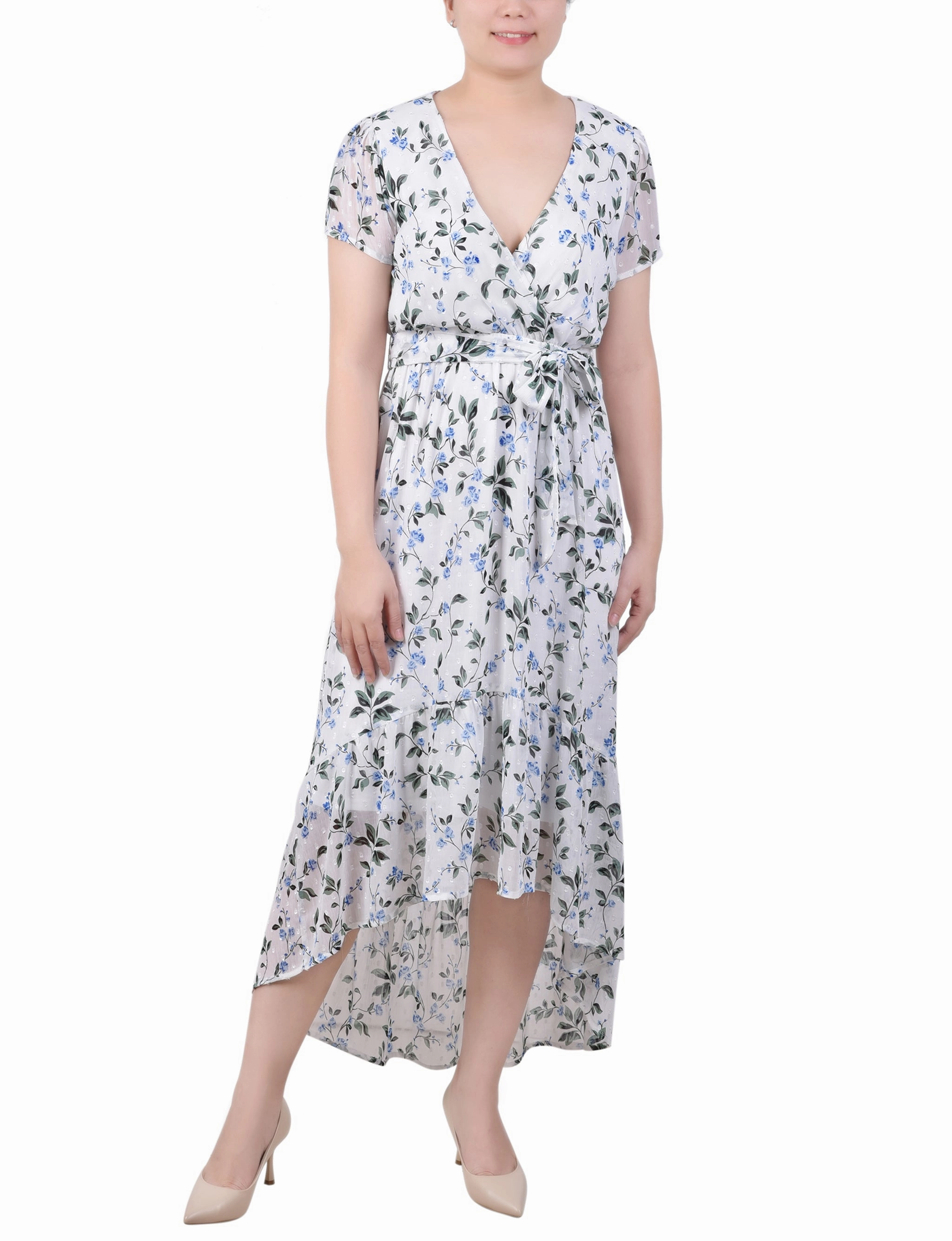 Petite Short Sleeve Hankerchief Hem Chiffon Dress Sleek Feel FadeResistantColor