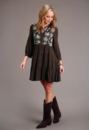 Stetson Womens Floral Peasant Brown 100% Rayon L/S Dress Evening Ready