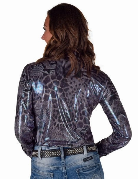 Neutral Tones Printed design Cowgirl Tuff Womens Shiny Animal Gray Polyester L/S Shirt