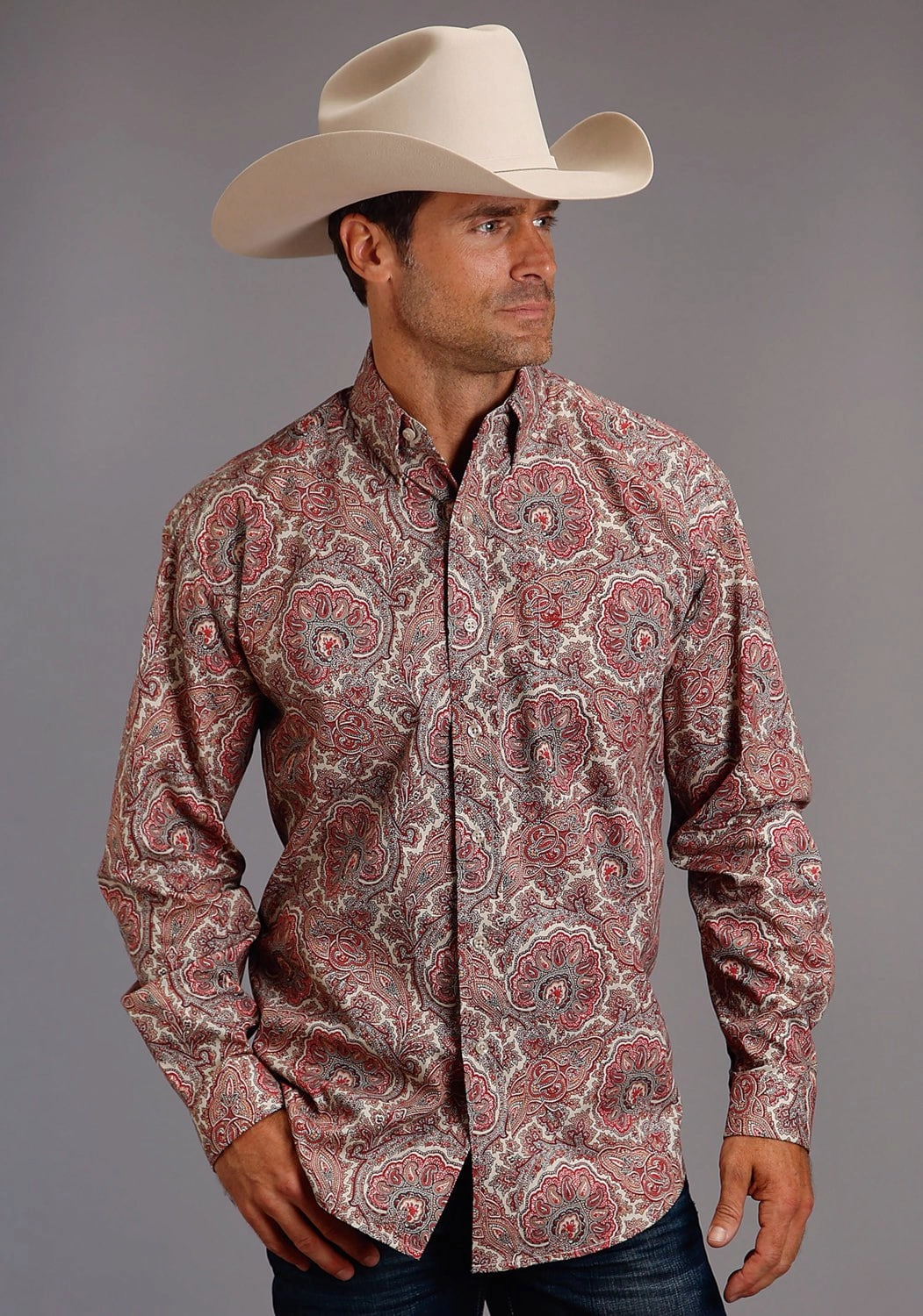 Stetson Mens Red 100% Cotton Sandstone Paisley BD L/S 1 Pkt Shirt Adjustable Cuff Closure