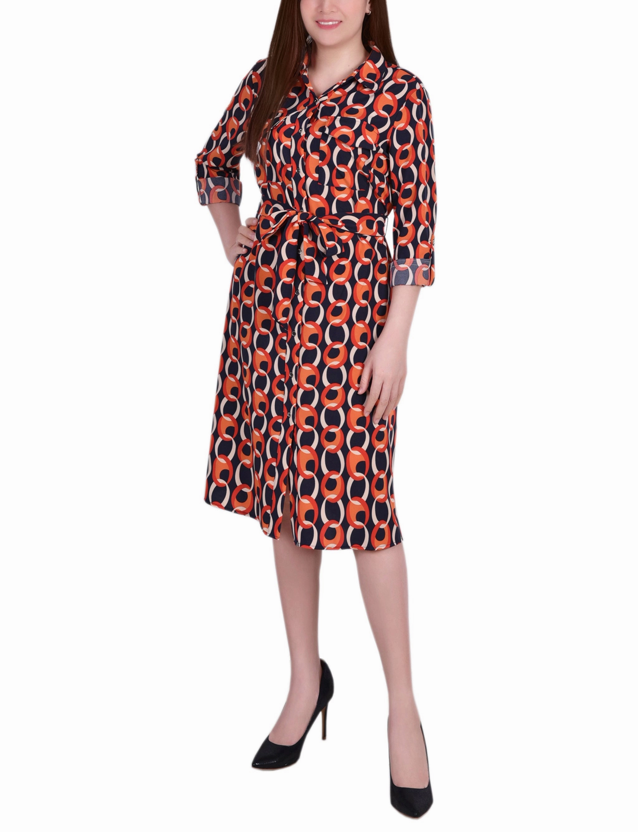 Light and Comfortable Petite 3/4 Roll Tab Sleeve Belted Shirtdress