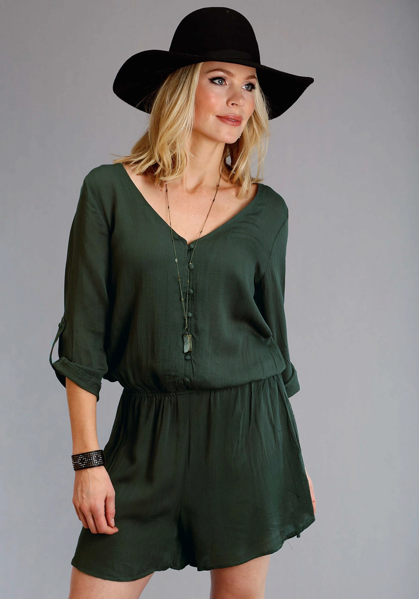 school wear Stetson Womens Open V-Neck Olive 100% Rayon Romper