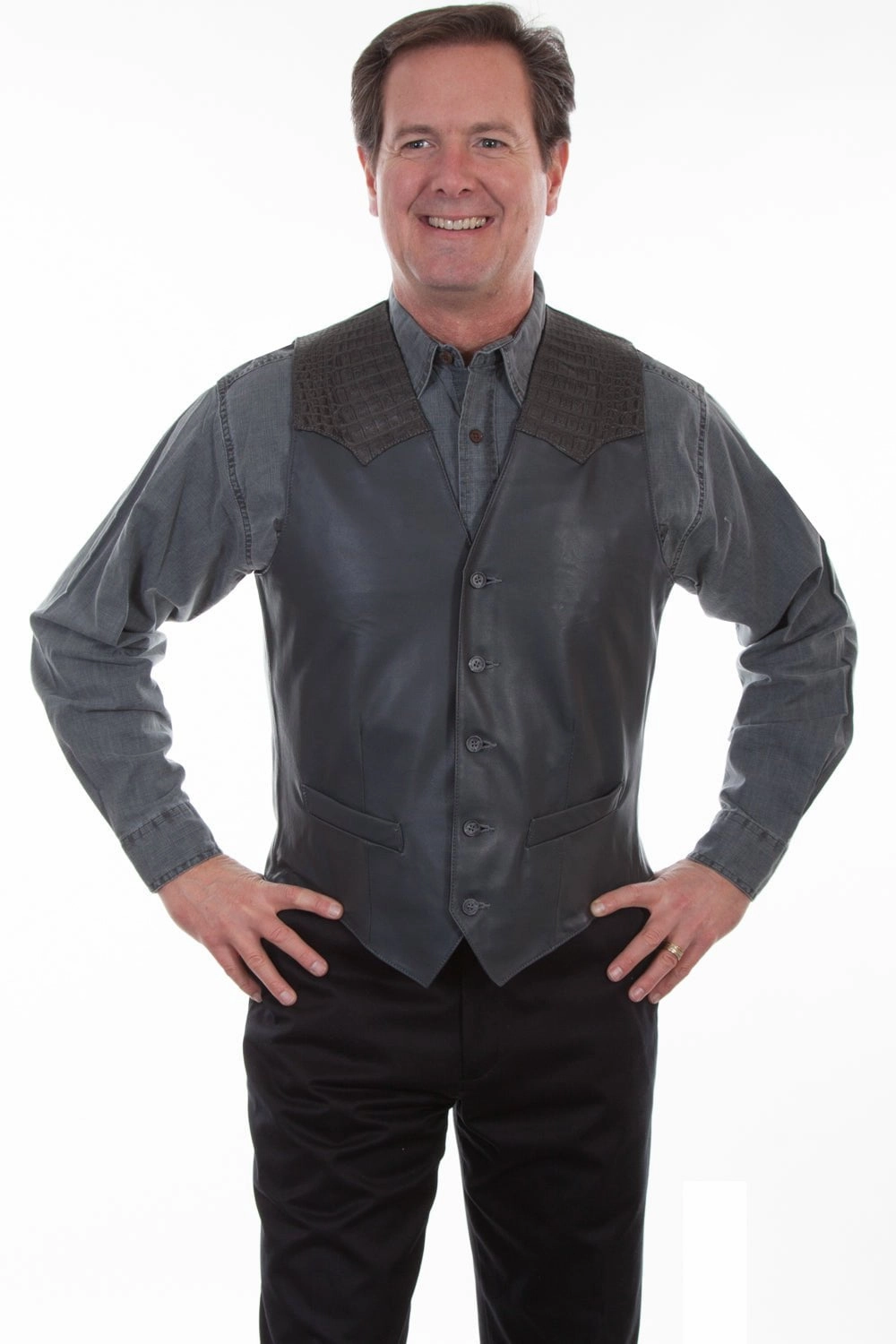 Scully Mens Grey Lamb Leather Caiman Inset Vest Anti Glare Trim Day To Day