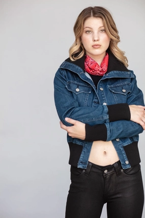 Kimes Ranch Womens Rosie Bomber Jacket Indigo Cotton Blend Stylish Outer Layer Functional Piece