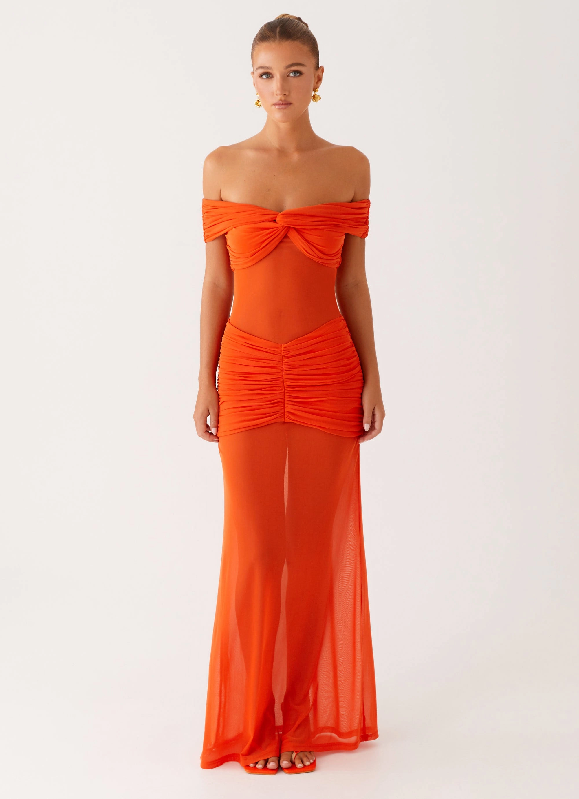 Sheer Light Chic Comfort Look Charming Off Shoulder Maxi Dress - Orange