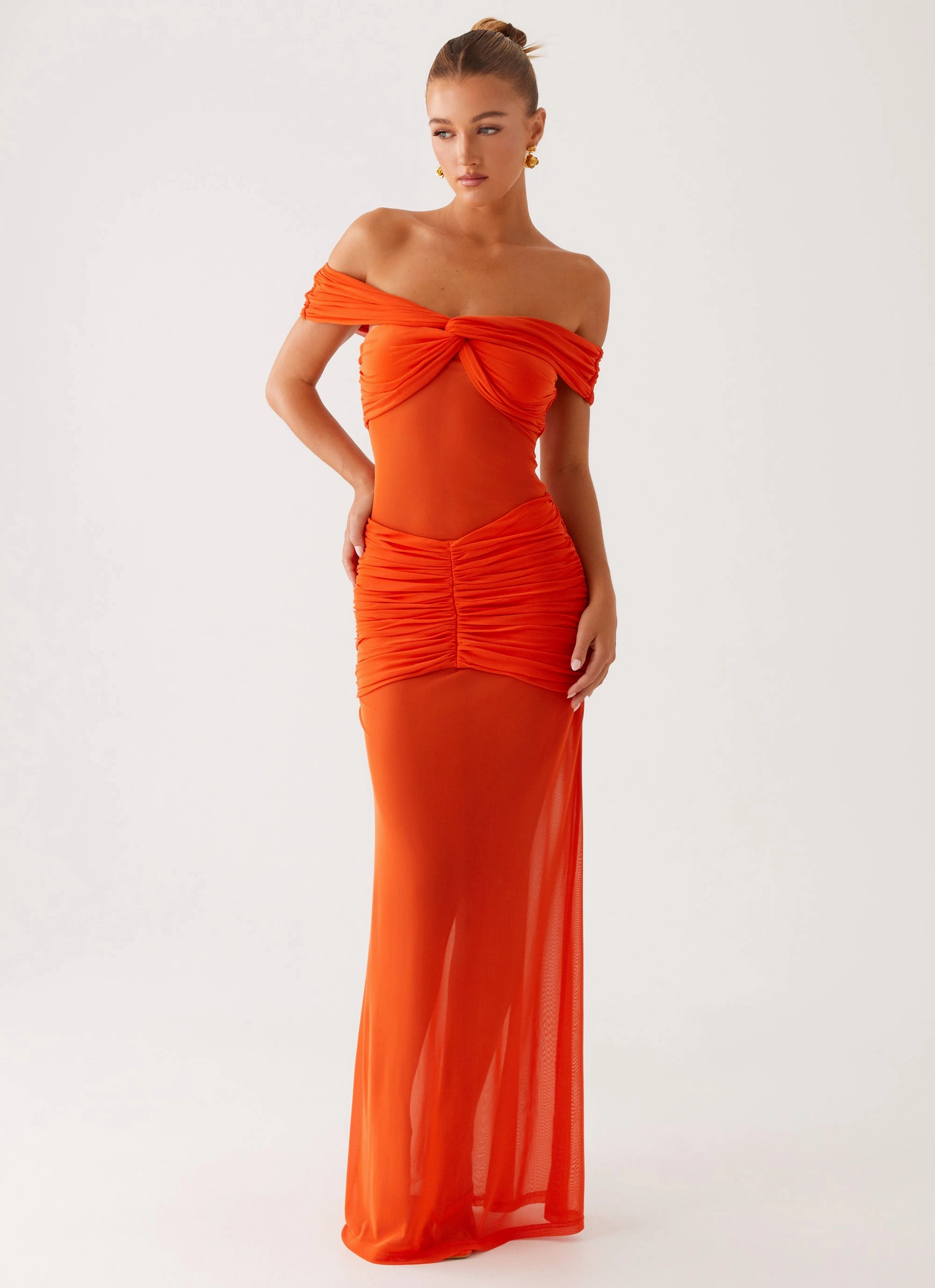 Charming Off Shoulder Maxi Dress - Orange Cozy Jacket Vegan Fabric