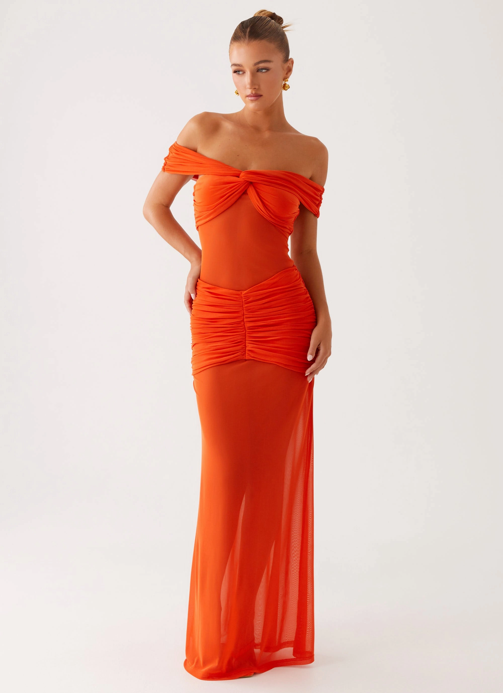 Charming Off Shoulder Maxi Dress - Orange Feminine flowing piece
