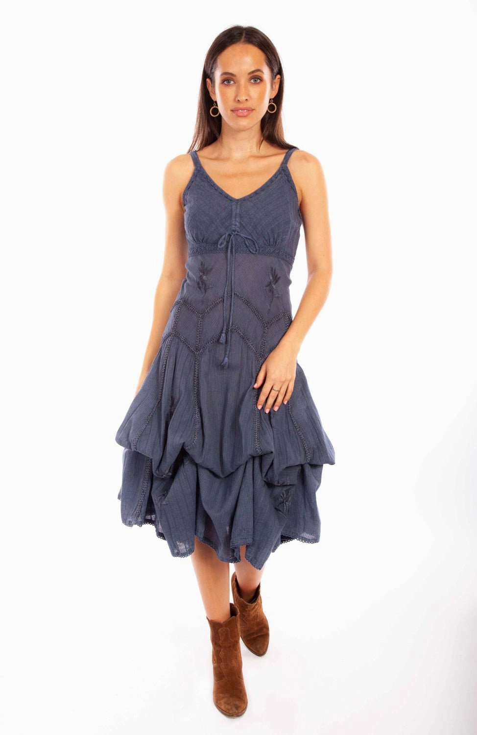 Elastic-Waist Clear Blush Scully Womens Slate 100% Cotton Long Multi-Fabric S/L Dress