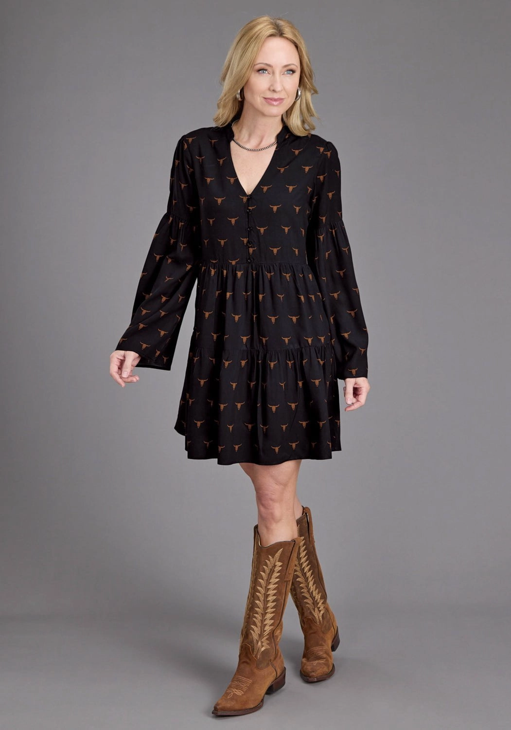 Fair-Trade Flowing Design Stetson Womens Longhorn Mojave Print Black 100% Rayon L/S Dress