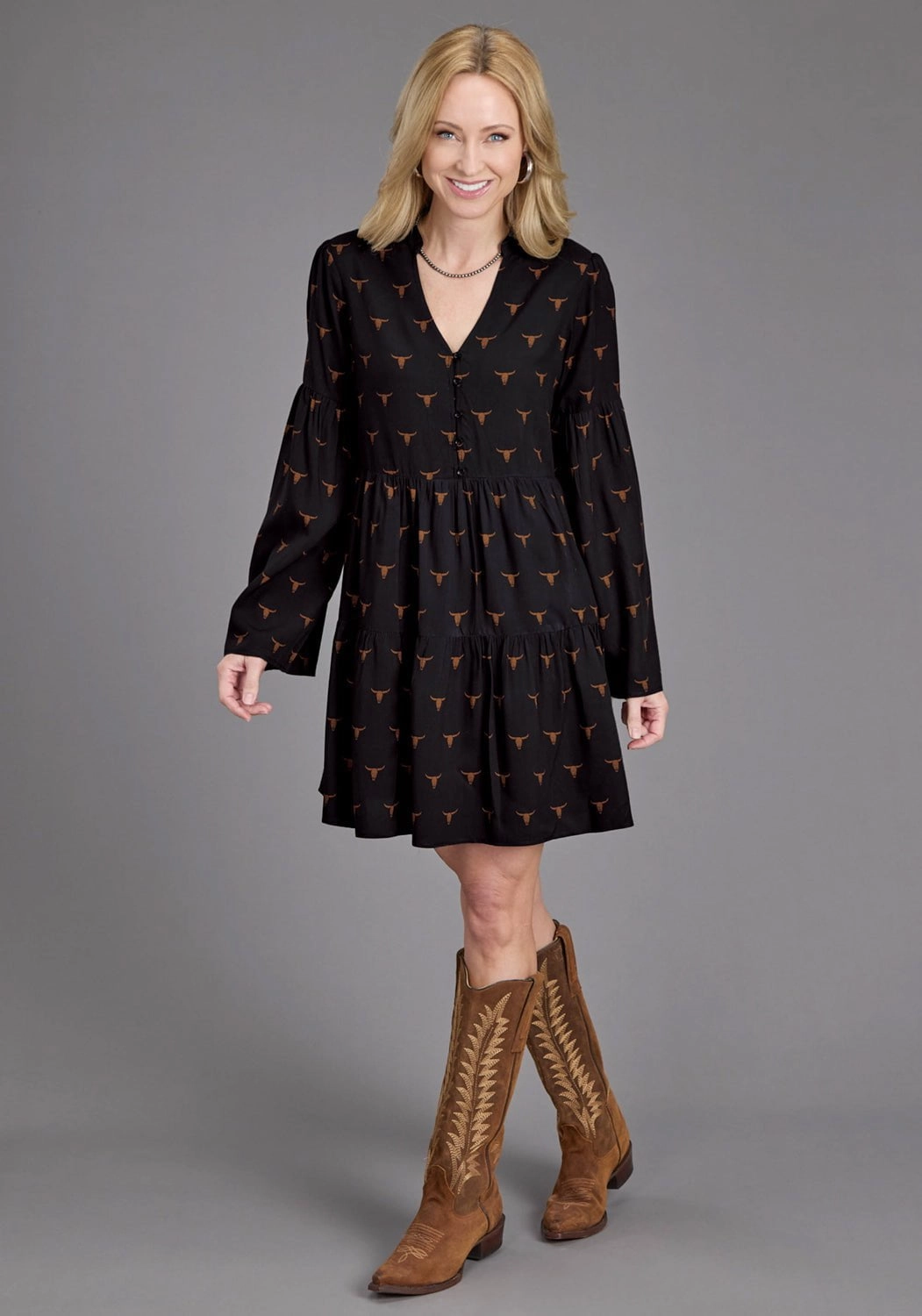 Stetson Womens Longhorn Mojave Print Black 100% Rayon L/S Dress NonRestrictive Cut Under Cover