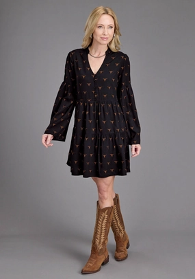 Smooth Surface Movement Feel Stetson Womens Longhorn Mojave Print Black 100% Rayon L/S Dress