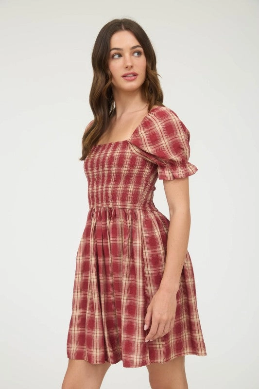 Cora Plaid Smocked Puff Sleeve Mini Dress Flow Line