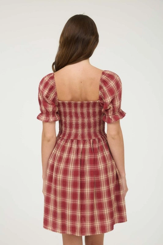 Timeless-Classic Cora Plaid Smocked Puff Sleeve Mini Dress