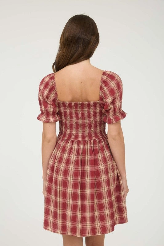Cora Plaid Smocked Puff Sleeve Mini Dress Chic Motion