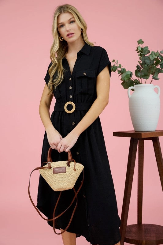 JUNIPER COLLARED BUTTON DOWN BELTED MIDI DRESS High-Fashion Morning Wear