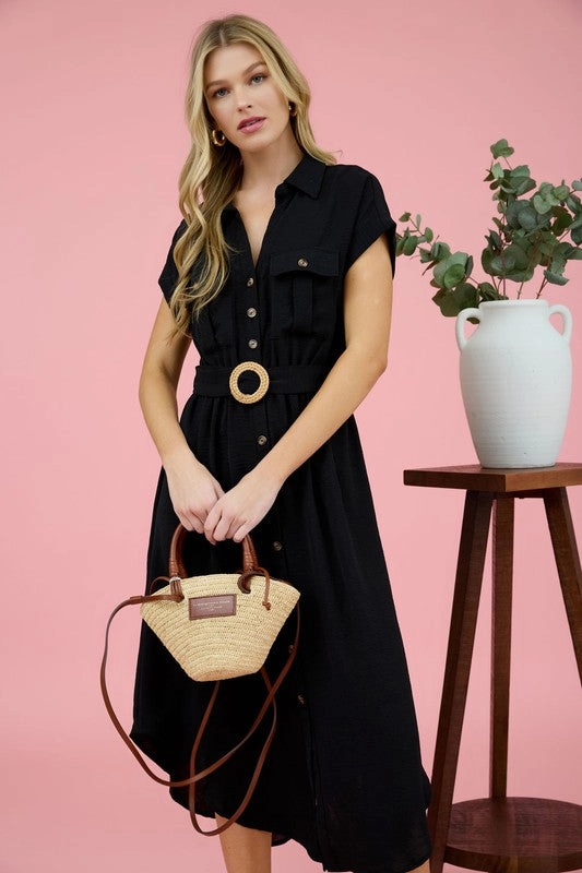JUNIPER COLLARED BUTTON DOWN BELTED MIDI DRESS Love Energy