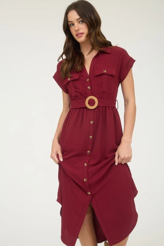 Relaxed-fit gown Vibrant evening gown JUNIPER COLLARED BUTTON DOWN BELTED MIDI DRESS