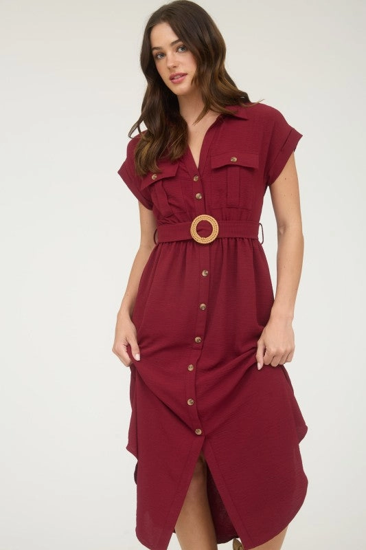Fit Easy Timeless-Classic JUNIPER COLLARED BUTTON DOWN BELTED MIDI DRESS
