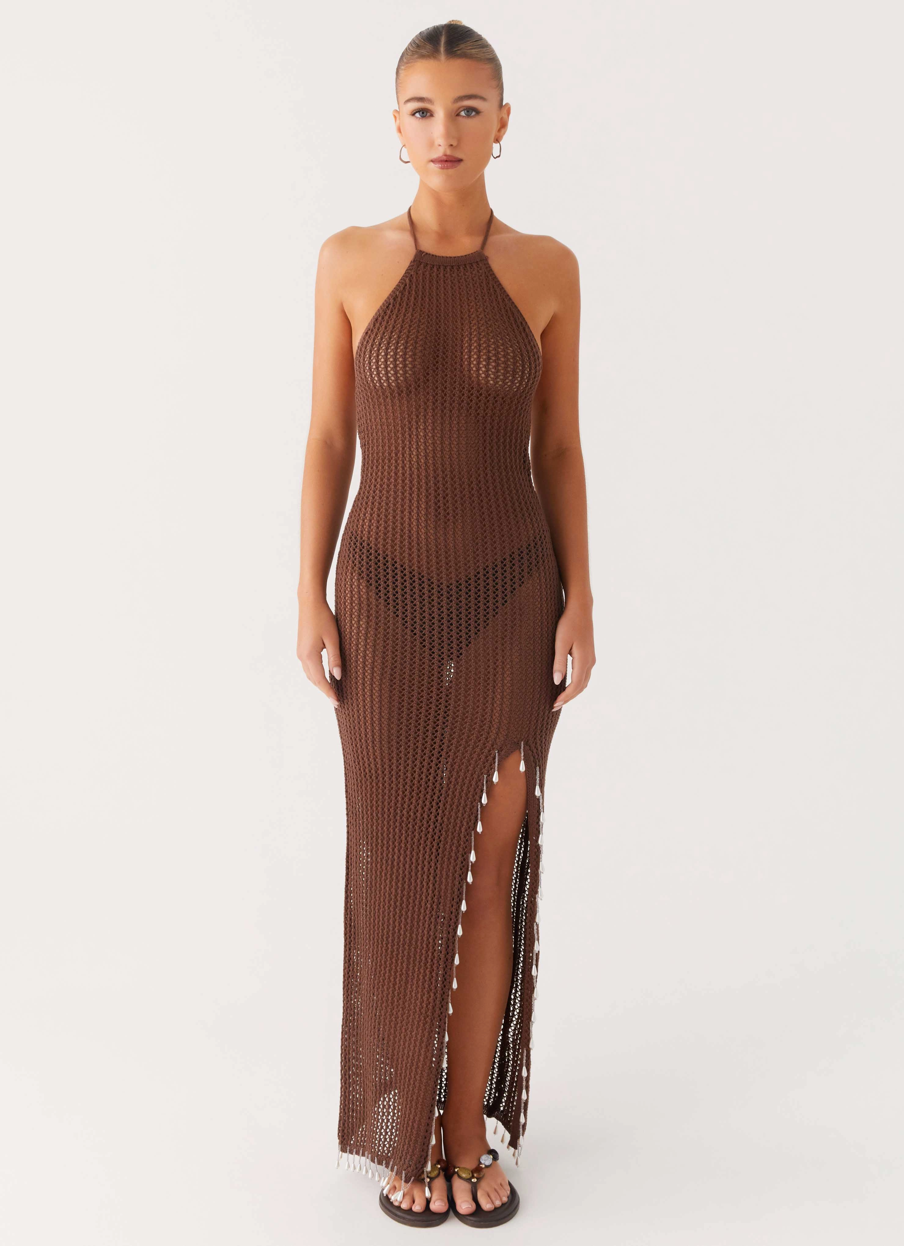 Fennella Beaded Maxi Dress - Chocolate garden party Drawstring-Closure