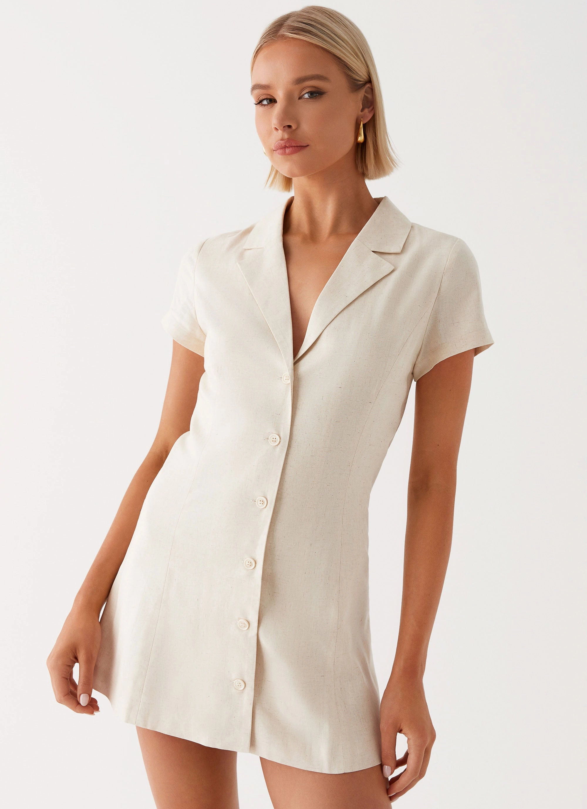 Long Sleeve Jacket Contemporary Fit Russo Linen Mini Dress - Oatmeal