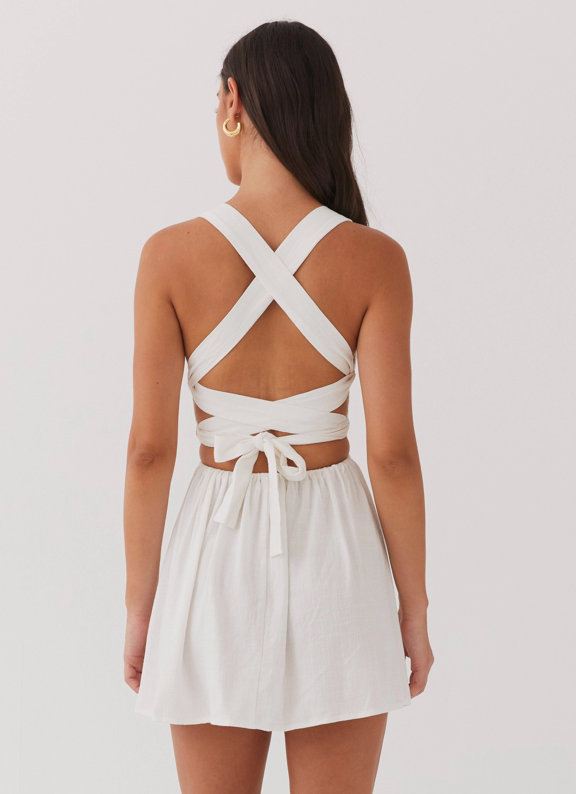 Penelope Linen Mini Dress - Ivory Mesh-Sleeve Easy Elegance