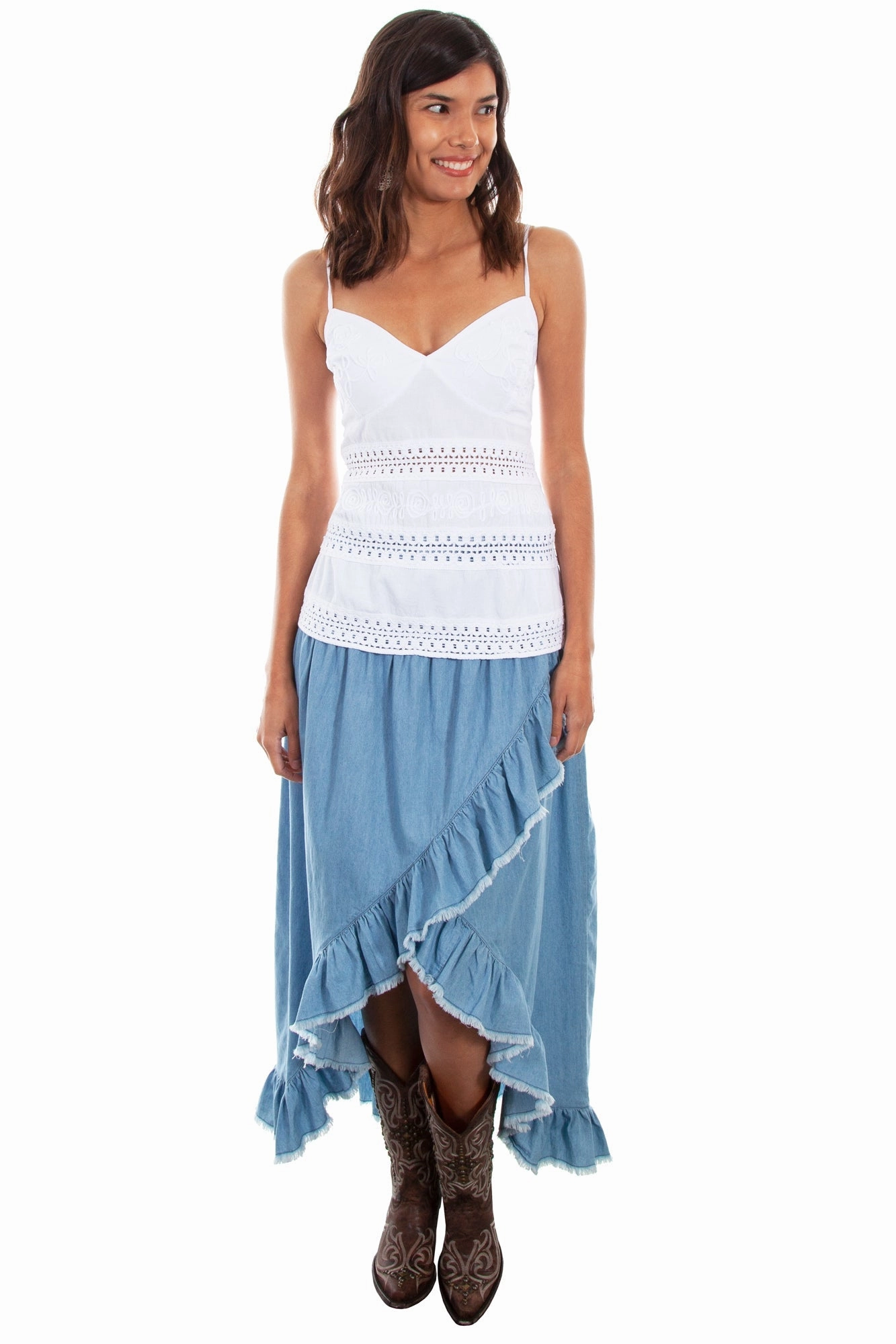 Scully Womens Light Blue 100% Cotton Hi/Lo Skirt Street Attire Ruching Details