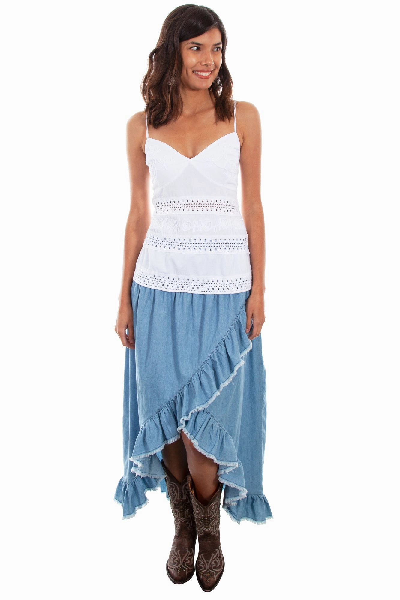 Scully Womens Light Blue 100% Cotton Hi/Lo Skirt Polished Look