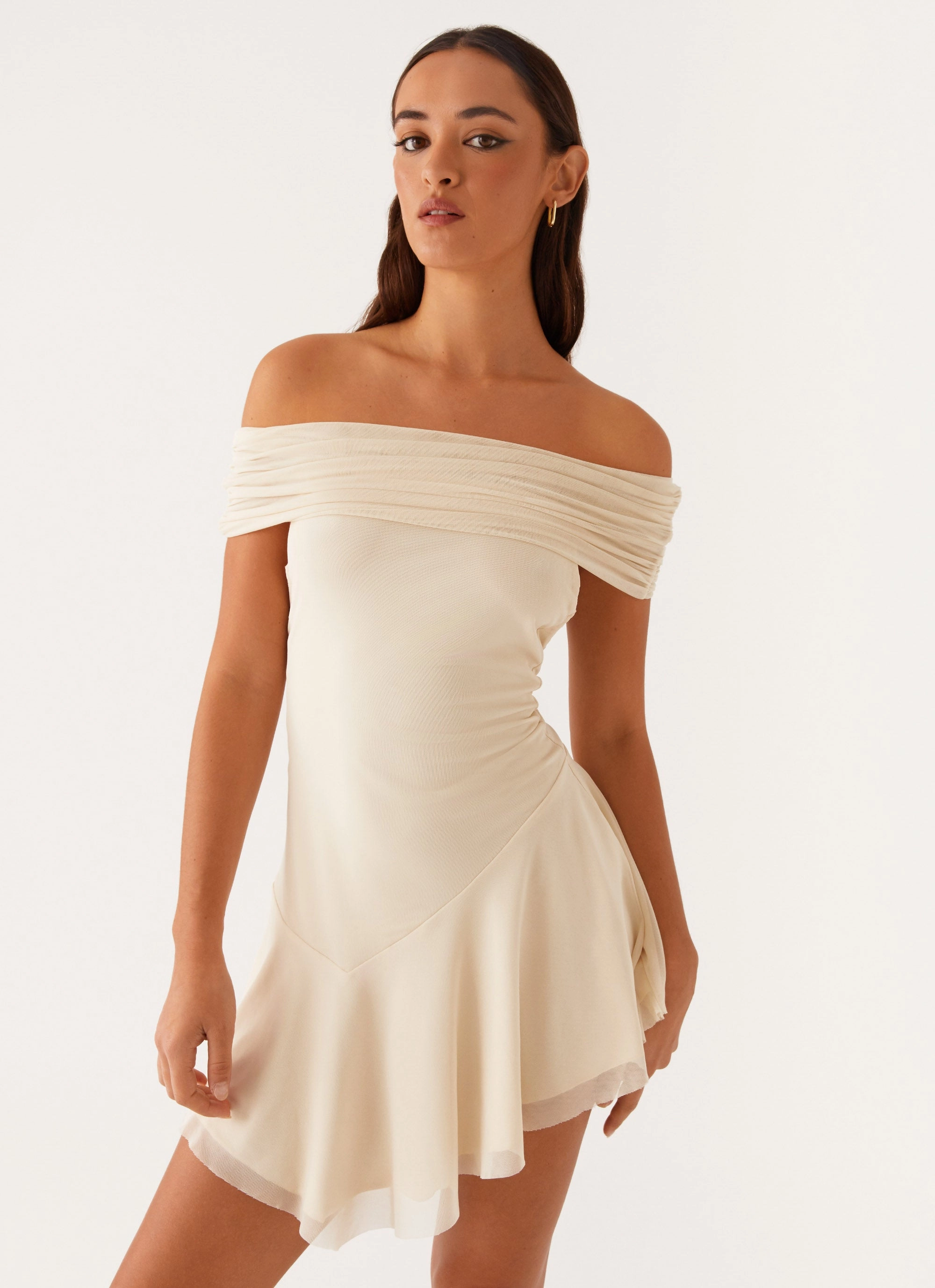 Tiered Skirt Finola Off Shoulder Mini Dress - Pastel Yellow