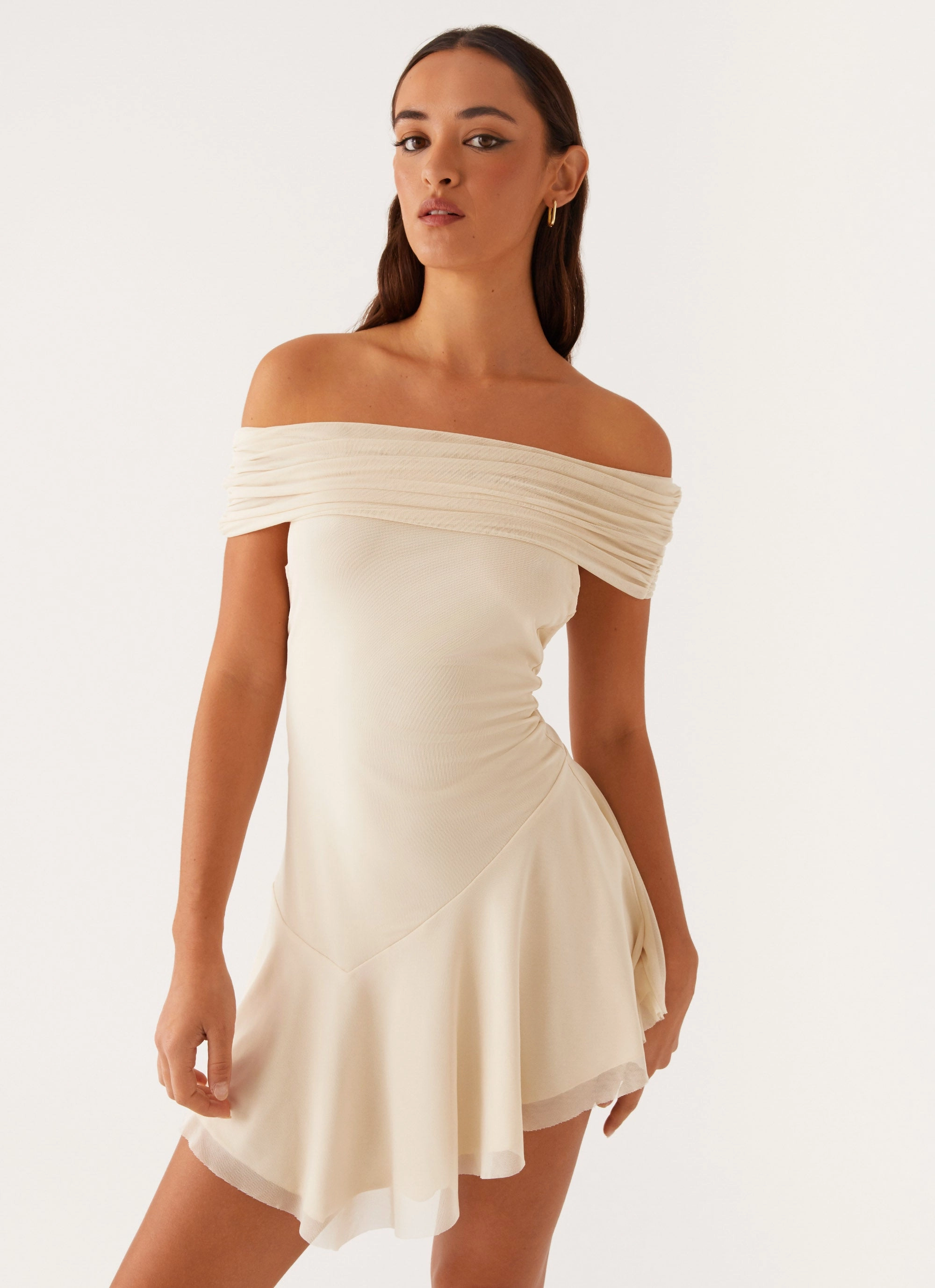 Feminine layered dress Finola Off Shoulder Mini Dress - Pastel Yellow