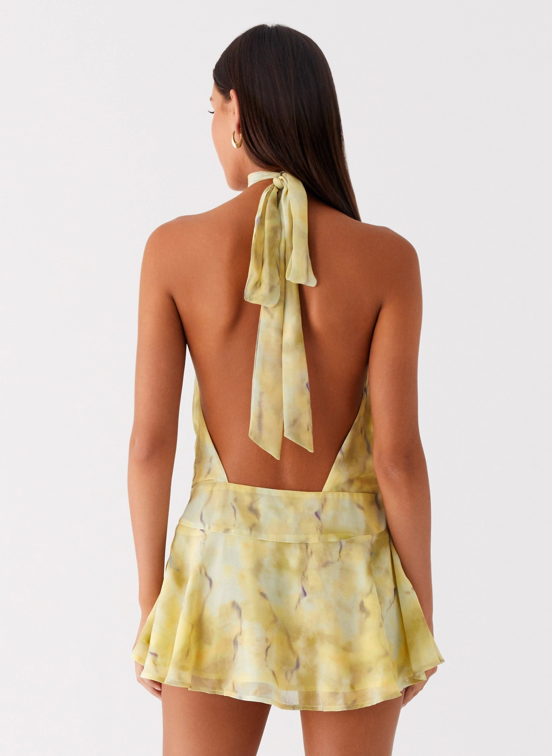First Date Halter Mini Dress - Yellow Tie Dye Fringe Detail