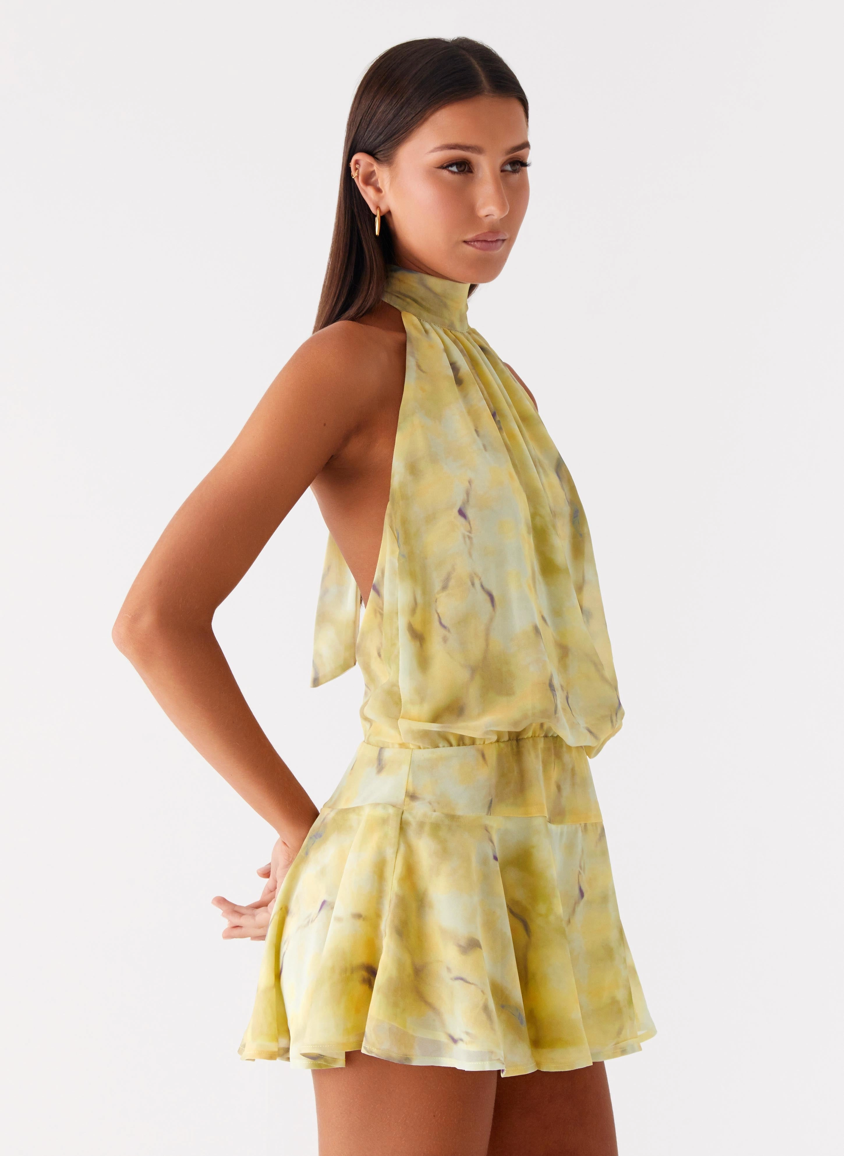 First Date Halter Mini Dress - Yellow Tie Dye Waterproof Wool Jacket