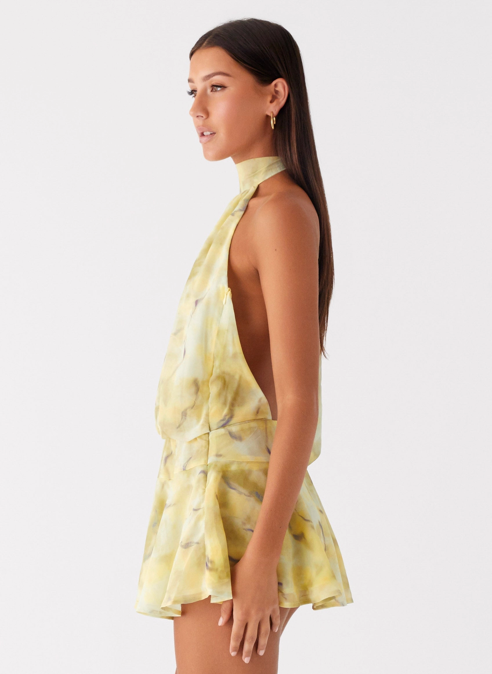 First Date Halter Mini Dress - Yellow Tie Dye Daily Commute Warm and Cozy