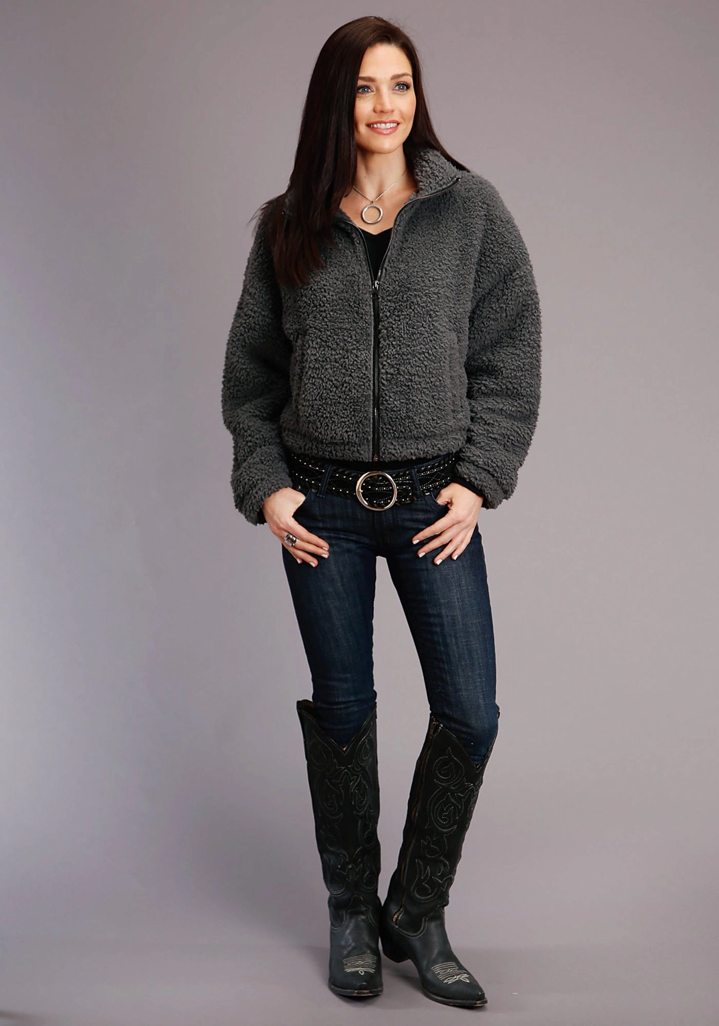 Stetson Womens Charcoal Polyester Fuzzy Teddy Bear Fleece Jacket Noise Reducing Hardware Weatherproof Technology