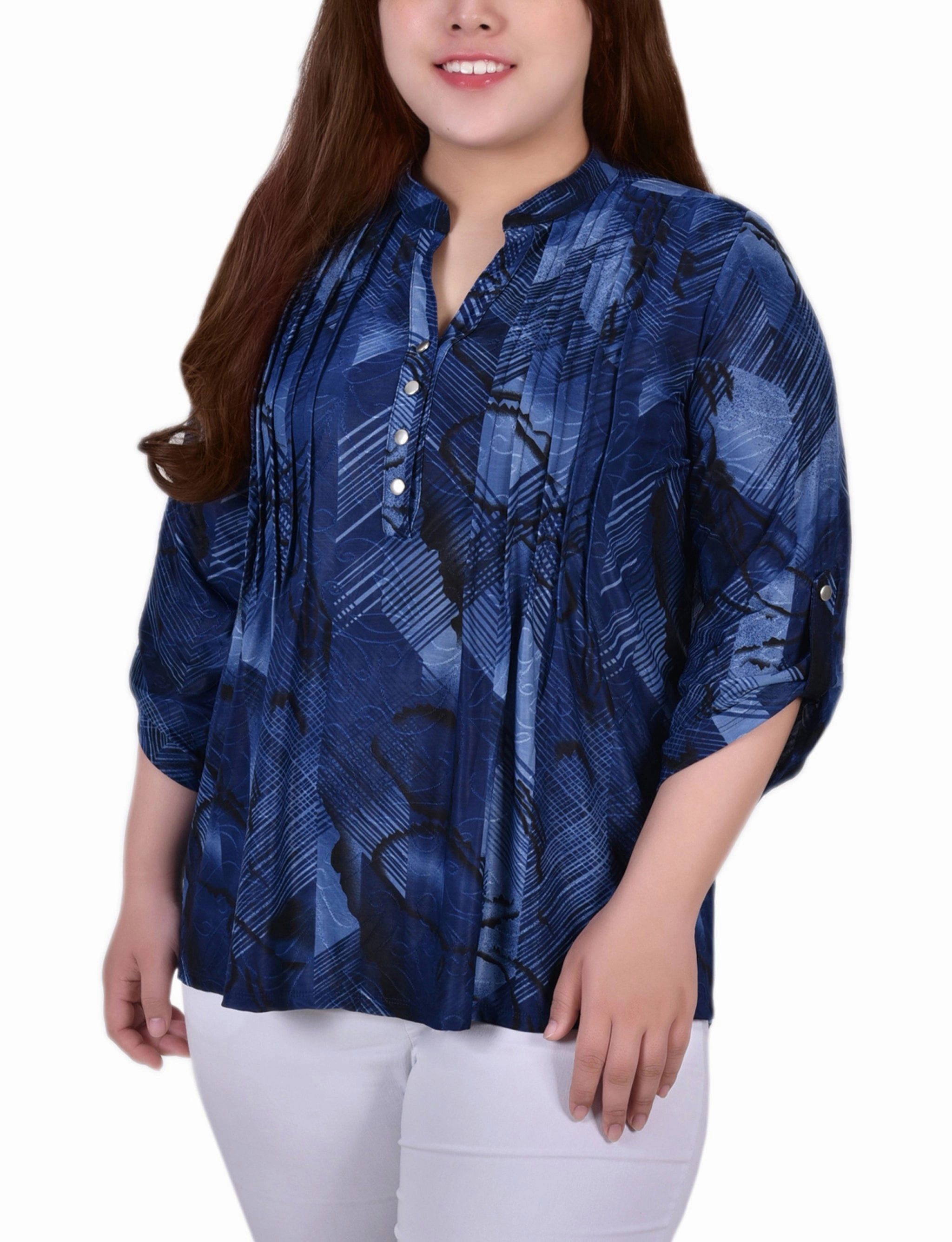 Plus Size 3/4 Roll Tab Sleeve Y Neck Top Multi Directional Zipper Placement