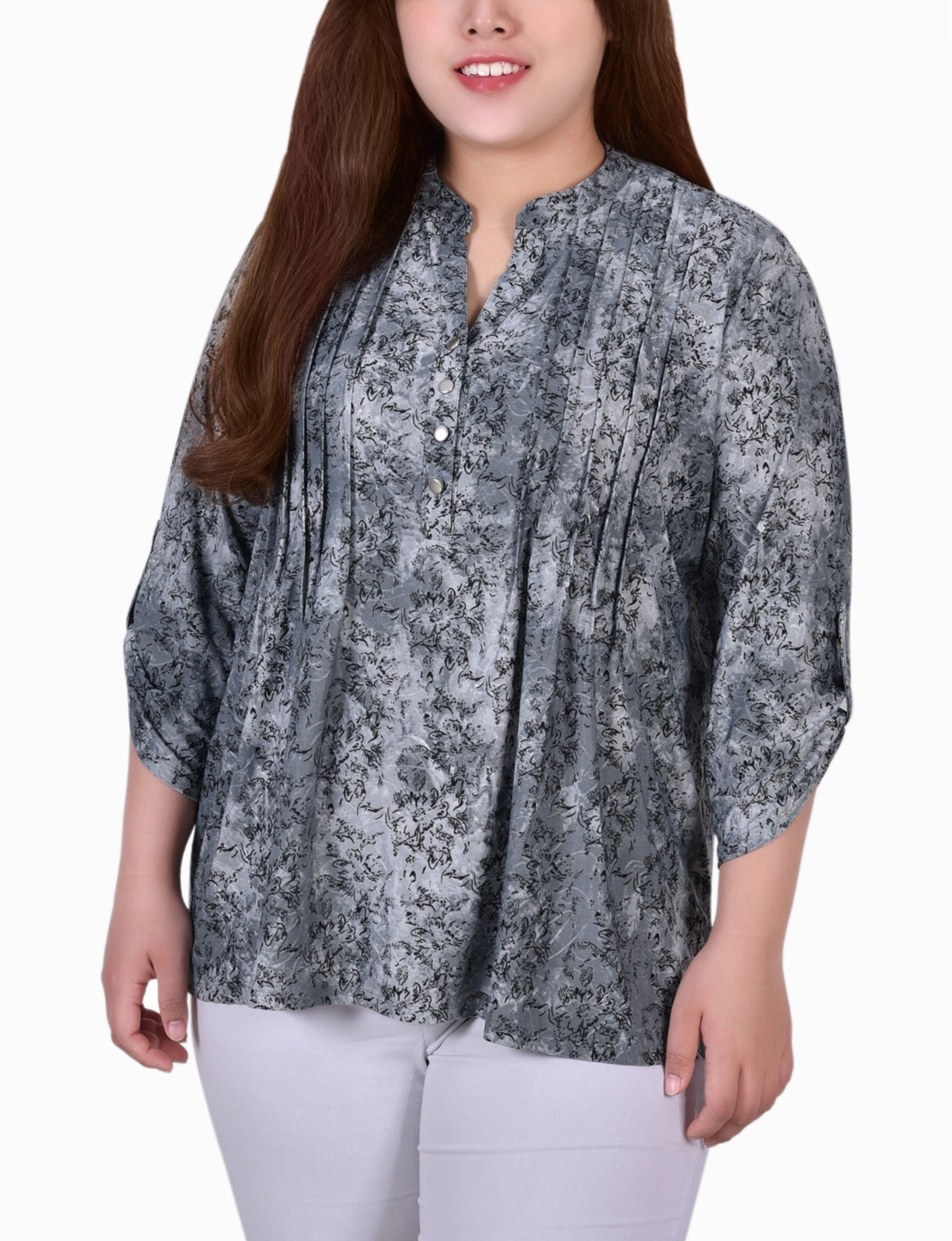 Plus Size 3/4 Roll Tab Sleeve Y Neck Top Casual Wear