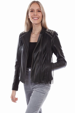 HeatRetentionTechnology Scully Womens Studded Fringe Black Lamb Leather Leather Jacket