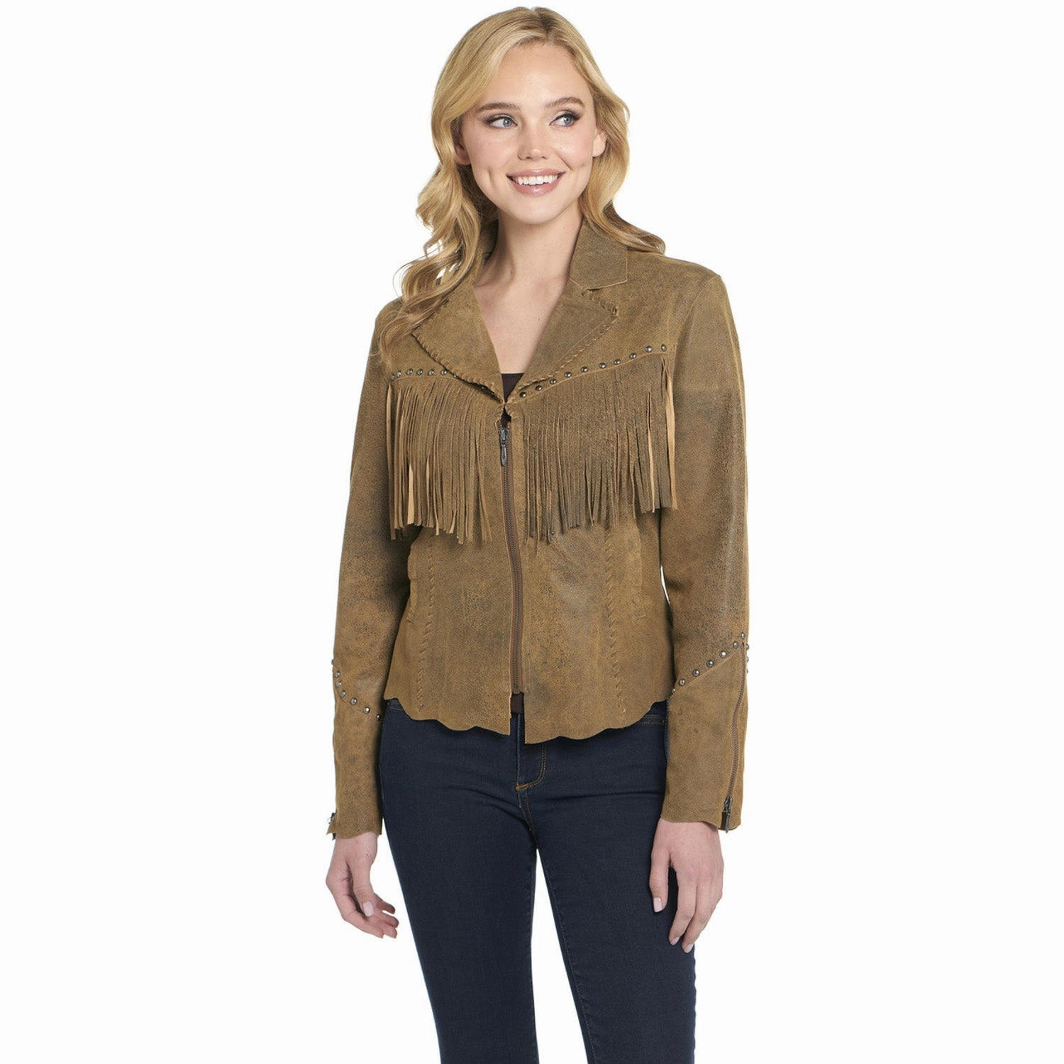 All Season Compatibility Chill Look Cripple Creek Womens Raw Edges Hand Laced Butter Toffee Leather Leather Jacket