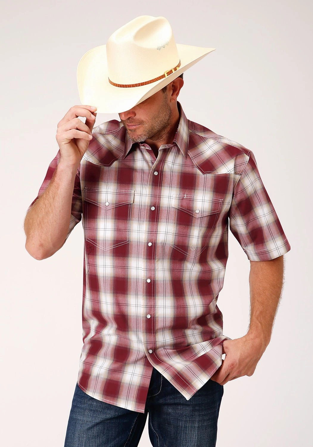 Summer Fashion Roll-Up Sleeve Roper Mens Red 100% Cotton Ombre S/S Tall Snap Shirt