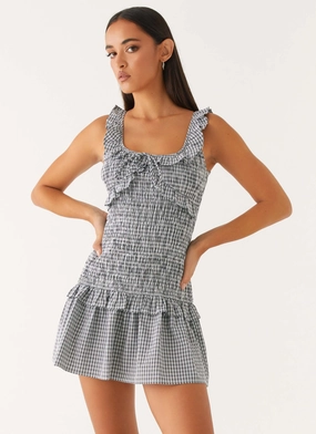 Mali Shirred Mini Dress - Checker Pastel Sky