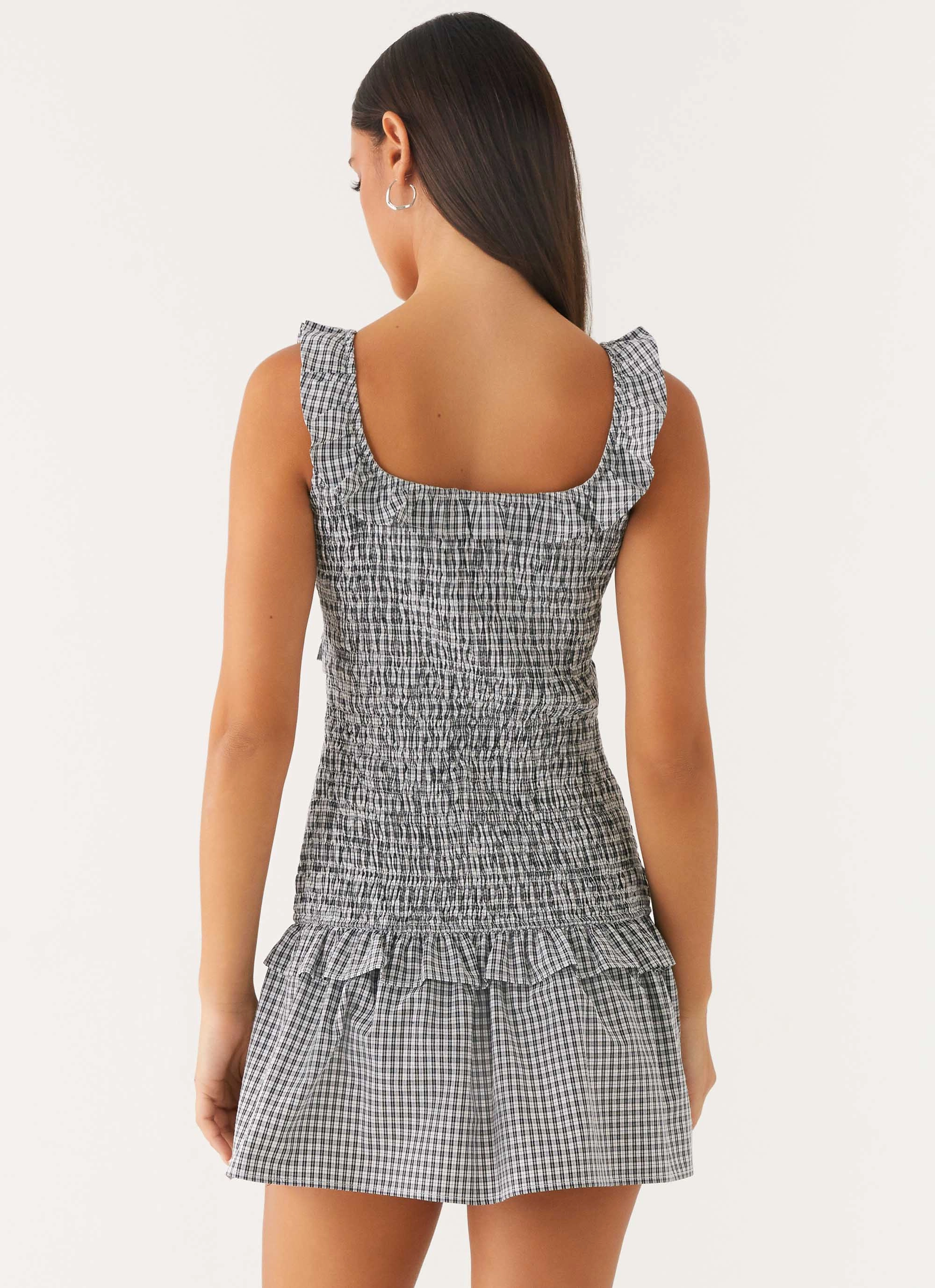 Mali Shirred Mini Dress - Checker Chic and Cozy Magnetic-Closure