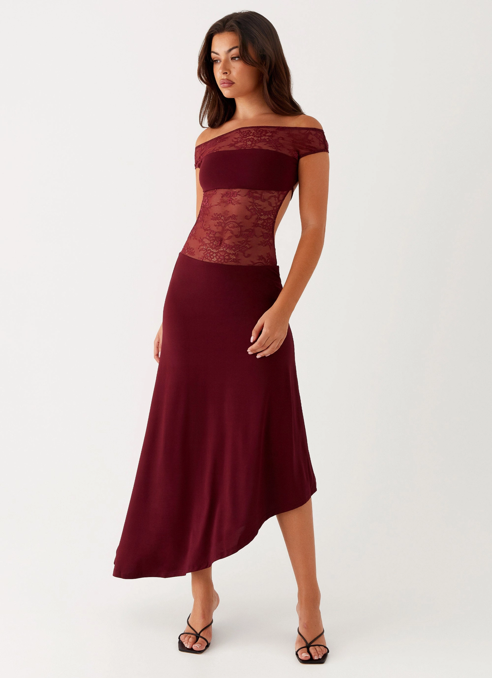 Francoise Lace Midi Dress - Burgundy Fashion Forward Outerwear