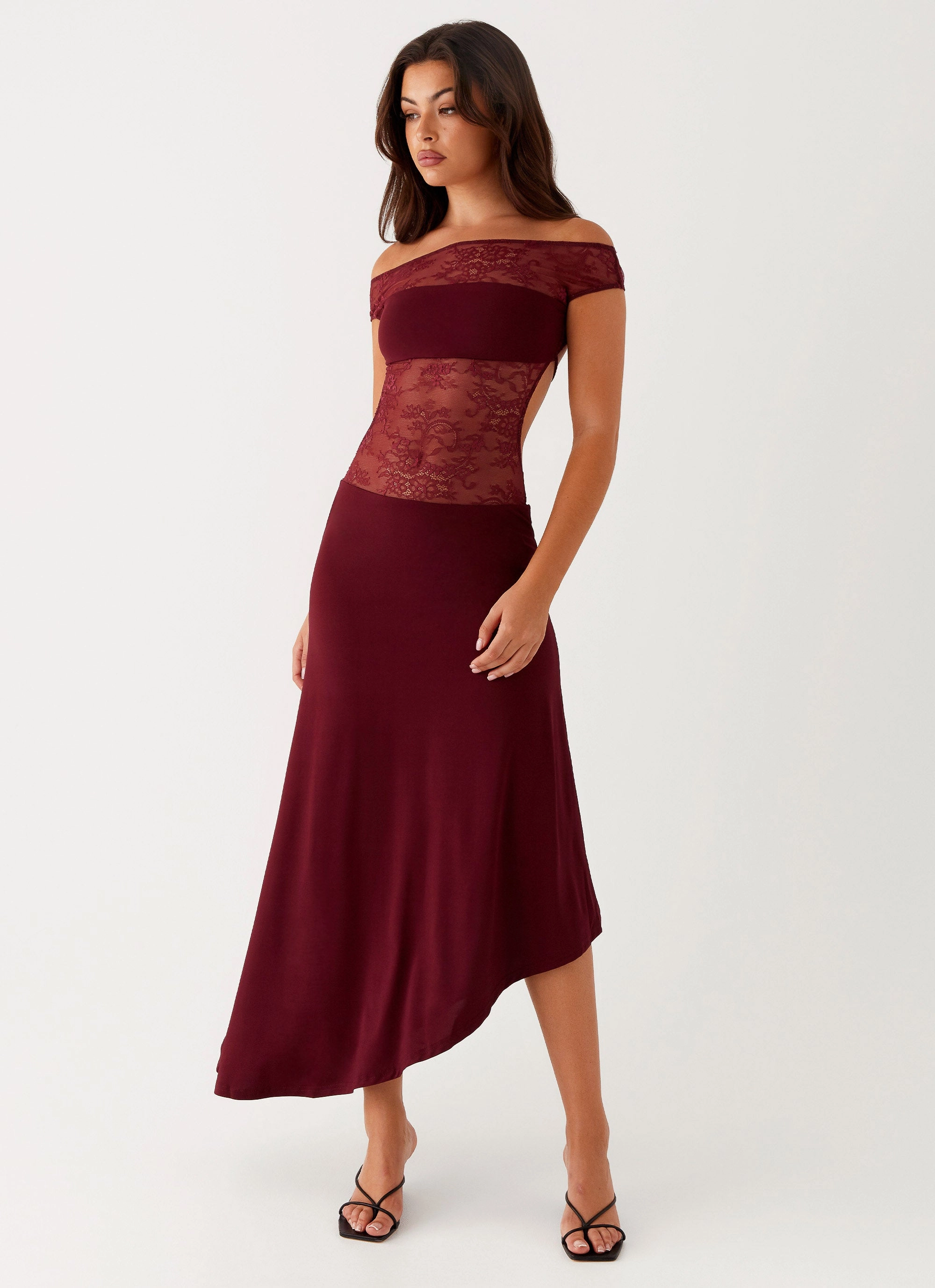 Francoise Lace Midi Dress - Burgundy Mesh-Detail Night Mood